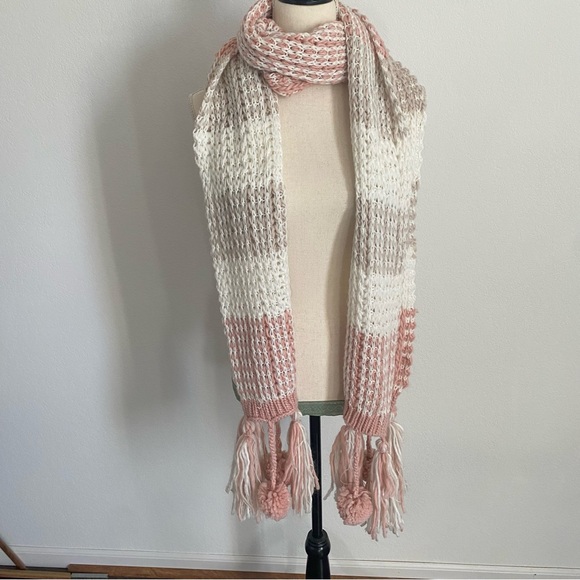 Altar'd State Scarf NWT Extra Long Knit Pink & White Wrap w Tassel & Pom Fringe - Picture 1 of 6